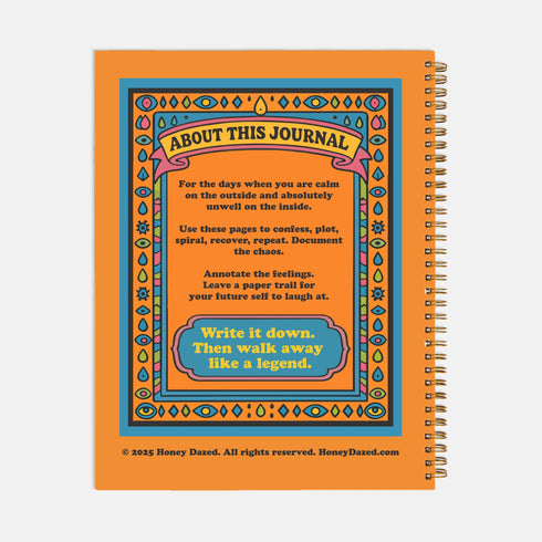 Undated weekly planner with hardcover and metal wire-o spiral binding options in black or gold. Cover features retro pop art illustration of a three-eyed woman crying while holding wine and tissues, with text Scheduled Hysteria. Vibrant orange background with psychedelic blue and purple patterns. Open planner shows flexible weekly layout on high-quality 60lb paper. Lays flat for easy writing. Ideal for ADHD organization, funny mental health gifts, and maximalist desk decor. Satin matte finish.