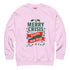 A holiday sweatshirt in pink or red with a punk and goth aesthetic. The text reads "MERRY CRISIS" and "HAPPY NEW FEAR" in a bold, gothic-style font. The design is decorated with holly leaves, berries, thorny vines, and safety pins, all arranged in a festive but alternative holiday style. This funny goth Christmas pullover is a sarcastic statement piece, perfect as dark humor apparel for the winter season.