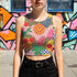 Vibrant Y2K maximalist crop top featuring bold tropical pineapples, leopard print, sweet cherries, and geometric patterns in bright yellow, pink, green, and blue colors. Perfect festival rave wear, alternative fashion, and retro summer styling for women who love aesthetic streetwear and unique party outfits