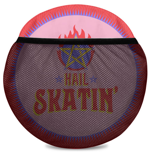 Red cylindrical roller skating duffle bag with black straps, featuring a prominent circular emblem with a colorful Baphomet design and "Hail Skatin" text. Includes mesh side pocket and adjustable padded shoulder strap.