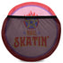 Red cylindrical roller skating duffle bag with black straps, featuring a prominent circular emblem with a colorful Baphomet design and "Hail Skatin" text. Includes mesh side pocket and adjustable padded shoulder strap.
