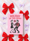 A 5x7 inch greeting card with a vibrant pink background and red retro text reading 'HOLIDAY IN THE CRYPT'. The illustration shows a male and female punk rock skeleton dancing under a red skull disco ball. The female skeleton has a mohawk and wears a black dress. The male skeleton has a mohawk and wears a black jacket with a red vest. Inside, the message reads, 'From our crypt to yours. Eat, drink, and be scary.' The style is a graphic, punk aesthetic.