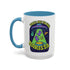 White ceramic coffee mug with a bright yellow handle and interior, featuring a printed alien abduction design with two purple cats, peace signs, and the phrase “Take Me to Your Barista” in green and purple text.