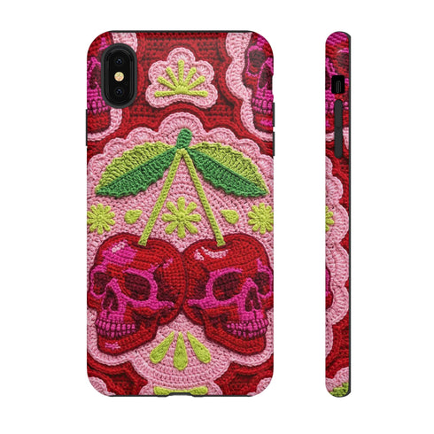 Faux Crochet Cherry Skull Phone Case | Pastel Goth Macabre Matte Cover