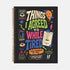 A black hardcover undated planner with black wire spiral binding. The front cover displays a bold, colorful typographic layout reading: "THINGS I AGREED TO WHILE TIRED". Surrounding text includes "LATE-NIGHT DECISIONS VOLUME 1", "ZERO MEMORY OF THIS.", and "A PRACTICAL GUIDE TO POOR TIMING." The back cover reads "INSIDE THIS DEEPLY SUSPICIOUS VOLUME:" above five colored banner rows detailing space for plans, notes for spirals, room for lists, daily proof time is fake, and a paper trail of mistakes.