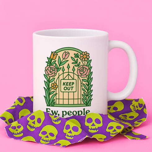 White ceramic coffee mug featuring "Ew, people" text beneath decorative garden gate design with "KEEP OUT" sign surrounded by roses and botanical florals. Perfect antisocial gift for introverts who prefer solitude over social interaction. 11oz ceramic cup ideal for coffee lovers, misanthropes, and homebodies who embrace their hermit lifestyle.