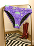 High-waisted cheeky bikini bottoms in a bold purple jellyfish print with iridescent greens and sea-inspired pastels. Made of 81% recycled REPREVE polyester and 19% LYCRA XTRALIFE, these bottoms offer UPF 50+ protection, double-layer construction, and a flattering silhouette. Sizes XS to 3XL. Perfect for festivals, beach days, and summer raves.
