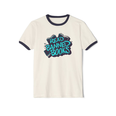 Off-white ringer t-shirt with navy contrast trim on the collar and sleeve cuffs. The front features a bold graffiti-style graphic with the phrase "READ BANNED BOOKS" in vibrant turquoise, layered over a stack of illustrated books in dark navy and black. The hand-drawn lettering and ink-splatter details give the design a rebellious, street-art-inspired aesthetic. The t-shirt has a vintage-inspired fit, made from soft cotton fabric with a slightly relaxed silhouette. The navy trim complements the graphic, add