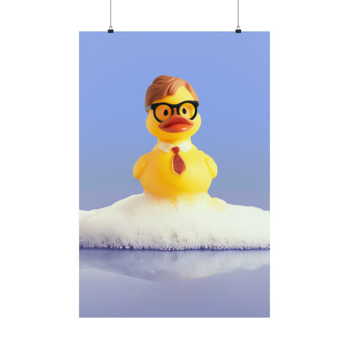 A humorous fine art print of a rubber duck modeled after Dwight Schrute, complete with glasses, mustard tie, and serious expression. Floating in soap suds, the print is framed above a retro bed with bold orange flower wallpaper and bright accent pillows.