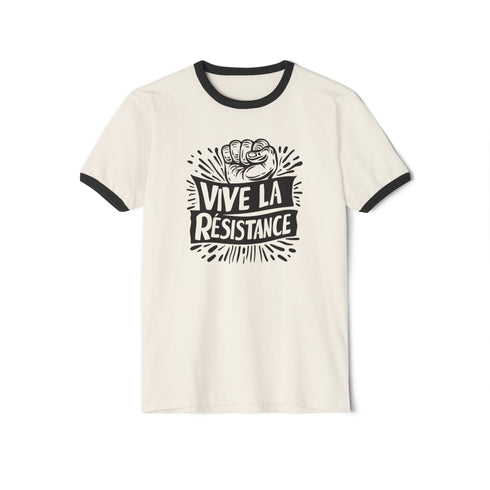 White and black ringer tee with a bold “Vive La Résistance” graphic, featuring a raised fist illustration and a vintage protest style.