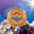 Round orange pinback button featuring bold rainbow psychedelic artwork of a melting third-eye face beneath a rainbow arch. Surrounded by stars and the phrase “Hot, Queer and Radiating” in retro black bubble letters. Glossy metal badge with UV-resistant mylar face and secure safety pin back.