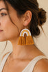 A woman with brown hair wearing a white top and a pair of yellow and white tassel earrings.