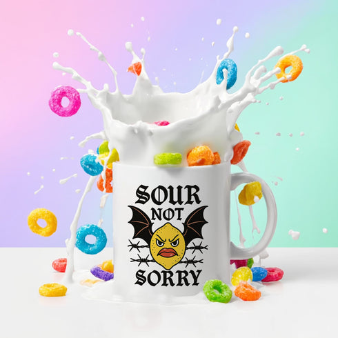 White ceramic 11oz coffee mug featuring a bold tattoo-style graphic with an angry yellow lemon face, black bat wings, and barbed wire details. The design reads “SOUR NOT SORRY” in gothic black lettering above and below the lemon. C-handle, durable construction, dishwasher and microwave safe. Graphic is high-contrast and punk-inspired, perfect for adding attitude to your drinkware collection.
