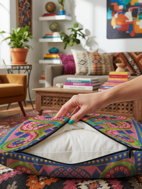 A square decorative throw pillow cover featuring a highly symmetrical bright octopus design. The octopus has a turquoise blue body with a diamond patterned head and eight curled tentacles detailed in bright pink and lime green. The background is a repeating diamond argyle pattern in royal blue and light pink. The artwork is a flat two dimensional print that mimics the textured look of intricate crewelwork embroidery. The pillow features a hidden zipper on the bottom edge. No insert included.