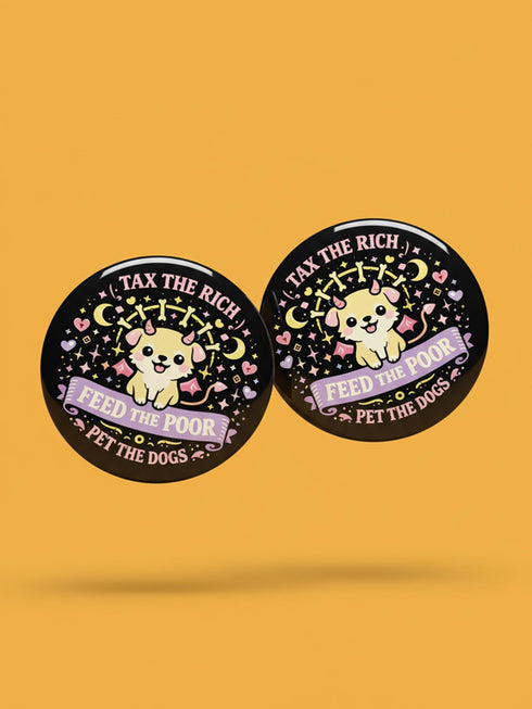 A collection of four retro-style 1.75 inch pinback buttons featuring the text "Tax the Rich" and "Pet the Dogs." Designs include: 1) A black pin with a crystal ball and gold filigree, 2) A pink pin with floral accents and a happy dog, 3) A black pin with a spooky chihuahua holding a bone, and 4) A black pin with a cute devil-horned puppy and lavender banner. High-gloss finish with psychedelic 70s typography. Perfect for battle vests or backpacks. Funny anti-capitalist dog lover gift.