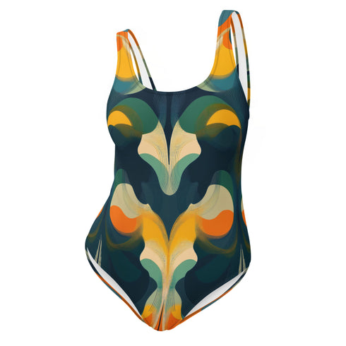 One-piece swimsuit featuring a bold 70s-inspired abstract pattern in deep navy, ochre, cream, orange, and green tones. The sculptural design creates a mirrored, psychedelic effect with curved shapes and layered swirls. Full coverage with scoop neckline and straps, ideal for retro beach looks and modern art goddesses.