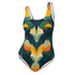 One-piece swimsuit featuring a bold 70s-inspired abstract pattern in deep navy, ochre, cream, orange, and green tones. The sculptural design creates a mirrored, psychedelic effect with curved shapes and layered swirls. Full coverage with scoop neckline and straps, ideal for retro beach looks and modern art goddesses.