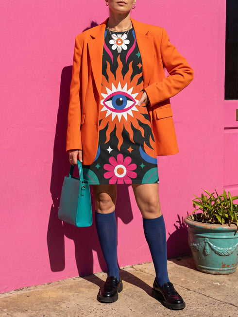 A short-sleeve, above-the-knee t-shirt dress with a straight, structured fit. The dress has a true black background featuring a bold, vibrant graphic pattern. The center displays a large blue and white evil eye surrounded by a bright orange wavy sunburst with a white jagged border. Above and below the eye are bright pink daisy flowers with orange centers, scattered white four-petal stars, and wavy blue and teal green leaf shapes. The fabric is thick, smooth, and holds its clean shape.