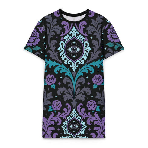 Cotton t-shirt dressA short-sleeve structured t-shirt dress with a black background. The dress features a bold, vertically stacked repeating graphic print. The design includes intricate damask patterns in teal and grey, purple roses with teal leaves, and a central evil eye motif set inside an ornate frame with small four-point stars. The heavyweight fabric holds a clean, straight cut above the knee with zero drape, maintaining a sculptural, slightly boxy silhouette.