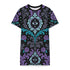 Cotton t-shirt dressA short-sleeve structured t-shirt dress with a black background. The dress features a bold, vertically stacked repeating graphic print. The design includes intricate damask patterns in teal and grey, purple roses with teal leaves, and a central evil eye motif set inside an ornate frame with small four-point stars. The heavyweight fabric holds a clean, straight cut above the knee with zero drape, maintaining a sculptural, slightly boxy silhouette.