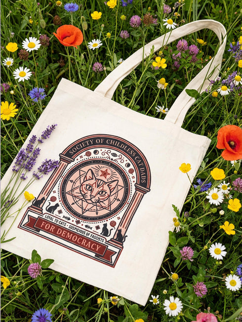 A beige canvas tote bag featuring a vintage-style circular crest design in rust orange and black. The text reads "Society of Childless Cat Dads" in an arch over a central illustration of a tabby cat face inside a geometric star and hexagon symbol. Below the cat, the text reads "Loyal to Cats, Suspicious of Fascists." A banner at the bottom reads "For Democracy." The design features occult and whimsigoth elements like crescent moons, columns, and fish bones.