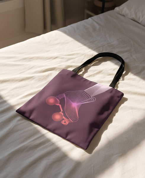 A purple tote bag with a graphic design of a skateboard and wheels is placed on a white bedspread.