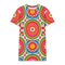Short sleeve crew neck t-shirt dress on a cream background with an allover retro mod flower medallion print. Bold 60s daisies in red, yellow, and white sit at the center of concentric rainbow rings in lime green, hot pink, orange, and royal blue, with small magenta squares and tiny red checkerboard accents between the motifs. Above-the-knee straight fit silhouette in a 95 percent cotton, 5 percent elastane heavyweight stretch blend. Groovy retro flower power dress for dopamine dressing and easy summer outfi