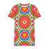 Short sleeve crew neck t-shirt dress on a cream background with an allover retro mod flower medallion print. Bold 60s daisies in red, yellow, and white sit at the center of concentric rainbow rings in lime green, hot pink, orange, and royal blue, with small magenta squares and tiny red checkerboard accents between the motifs. Above-the-knee straight fit silhouette in a 95 percent cotton, 5 percent elastane heavyweight stretch blend. Groovy retro flower power dress for dopamine dressing and easy summer outfi