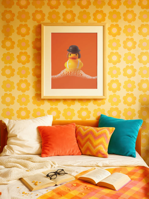A fine art print of a rubber duck dressed like Alex from A Clockwork Orange, featuring a black bowler hat, blunt bob, and white suspenders. The duck floats in orange-tinged bubbles and is framed in white on a glossy pink tile bathroom shelf.