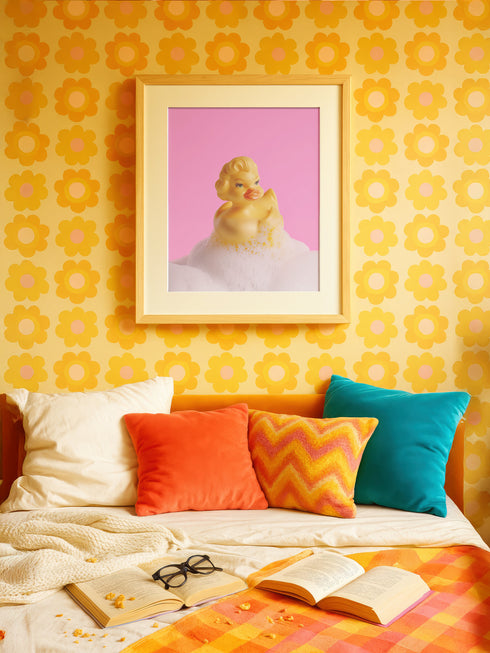 A fine art print of a glamorous rubber duck styled like Marilyn Monroe, with short curled blonde hair and soap bubbles. Displayed in a gold ornate frame against a pink wall with orange bead curtains.