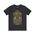 A black unisex crewneck graphic t-shirt featuring an ornate Victorian-inspired emblem printed on the chest in vintage gold and off-white. The centralized, symmetrical design showcases a classic coffin with a cross on the lid, flanked by wrought-iron cemetery gates. Beautiful scrollwork and decorative filigree flourishes surround the bold, retro serif text reading CEMETERY PICNIC SOCIETY. A crescent moon and stars sit at the top, completing this gothic memento mori graphic shirt.