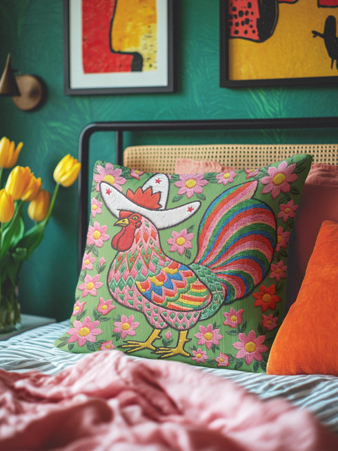 Square throw pillow cover with a printed faux embroidery design of a rooster wearing a white cowboy hat with red stars on a grass green background. The western chicken has a red comb and wattle, yellow beak and feet, and layered feathers in pink, green, orange, blue, and yellow with a rainbow striped tail. Pink and red flowers with yellow centers frame the bird. The stitched look is a flat 2D print on a smooth linen feel polyester cover with a hidden zipper, not raised embroidery.