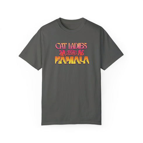 Faded vintage Black t-shirt with "Cat Ladies for Kamala" in retro-style pink and yellow lettering. Cat silhouettes accent the text.