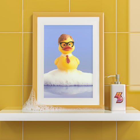 A humorous fine art print of a rubber duck modeled after Dwight Schrute, complete with glasses, mustard tie, and serious expression. Floating in soap suds, the print is framed above a retro bed with bold orange flower wallpaper and bright accent pillows.