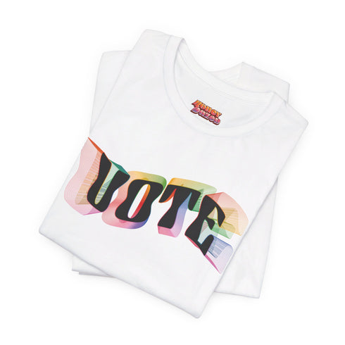 Election 2024 t-shirt with "VOTE" printed in large, colorful letters. Each letter features a different color from the rainbow spectrum, styled in a groovy 70s-inspired font.