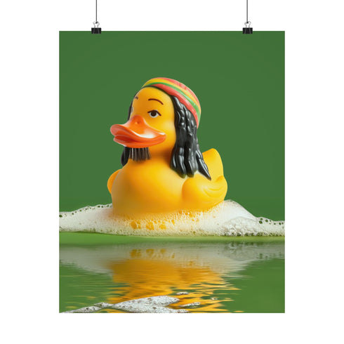 A fine art print of a rubber duck inspired by Marley, featuring black dreadlocks and a red-yellow-green beanie. The duck floats in bath bubbles with its reflection in green-tinted water. Displayed in a white and red frame on a soap-covered shelf in a bold red tile bathroom with a lightning-bolt soap dispenser.
