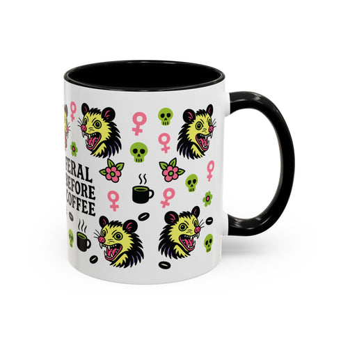 Possum Feminist Feral Before Coffee Mug (11, 15oz) features neon opossum, skulls, and feminist symbols, perfect for those embracing chaos. Ideal sassy gift for morning-challenged, coffee-loving individuals seeking punk-rock expression.