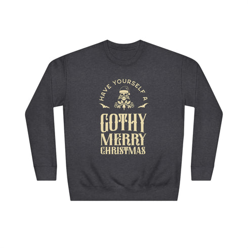Black sweatshirt with "Have yourself a Gothy Merry Christmas" text and skull wearing Santa hat. Bats and ornate designs surround the skull.