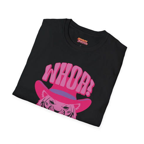 nisex t-shirt featuring a pink tiger in purple hat and bandana, with "WHOA!" and "EASY TIGER!" text in bold retro style. Available in black and white, sizes S-3XL