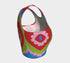A sleeveless scoop neck crop top featuring a bold all-over printed design. The central graphic is a large bright red heart enclosing a scalloped pink flower shape and a blue evil eye motif in the middle. The background surrounds the heart with mirrored concentric wavy arches and scalloped borders in vibrant shades of lime green, pink, blue, and red. The fitted garment has a smooth athletic texture. Available in a standard matte performance knit or a sparkly silver glitter foil finish.
