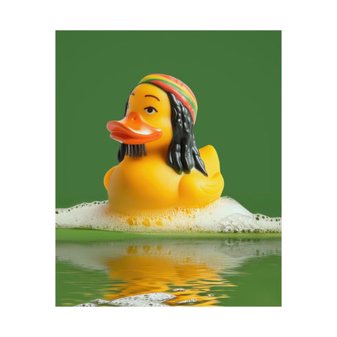 A fine art print of a rubber duck inspired by Marley, featuring black dreadlocks and a red-yellow-green beanie. The duck floats in bath bubbles with its reflection in green-tinted water. Displayed in a white and red frame on a soap-covered shelf in a bold red tile bathroom with a lightning-bolt soap dispenser.