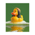 A fine art print of a rubber duck inspired by Marley, featuring black dreadlocks and a red-yellow-green beanie. The duck floats in bath bubbles with its reflection in green-tinted water. Displayed in a white and red frame on a soap-covered shelf in a bold red tile bathroom with a lightning-bolt soap dispenser.
