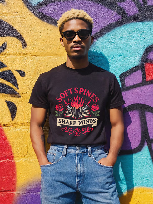 A black unisex t-shirt is shown flat on a neutral surface. The front of the shirt features a detailed graphic in a traditional tattoo style with red and white elements. In the center is an open book with flames rising from its pages. Two daggers pierce the book from either side. The book is flanked by two red roses with green leaves. Above the book, the words "SOFT SPINES" are written in a red arched font. Below, a white banner reads "SHARP MINDS." The overall aesthetic is gothic literary.