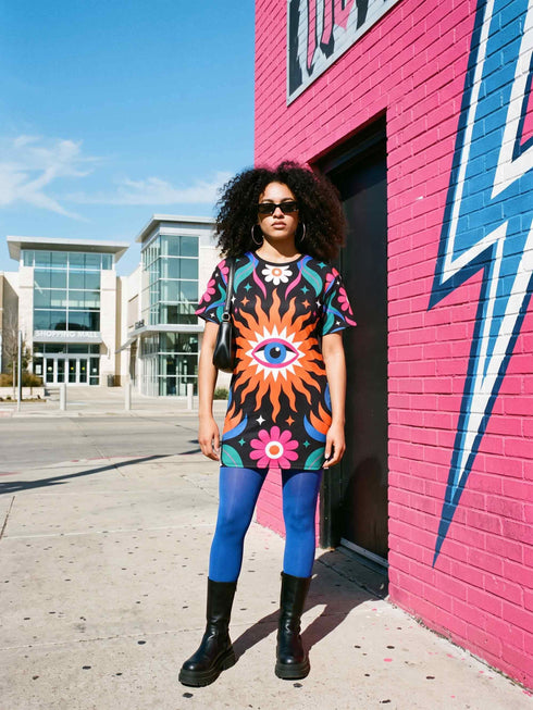 A short-sleeve, above-the-knee t-shirt dress with a straight, structured fit. The dress has a true black background featuring a bold, vibrant graphic pattern. The center displays a large blue and white evil eye surrounded by a bright orange wavy sunburst with a white jagged border. Above and below the eye are bright pink daisy flowers with orange centers, scattered white four-petal stars, and wavy blue and teal green leaf shapes. The fabric is thick, smooth, and holds its clean shape.