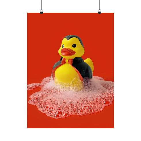 A spooky-yet-cute art print of a vampire-themed rubber duck dressed in a red-lined black cape and bowtie. Surrounded by white bath bubbles, the duck is framed in a red wavy-edged frame and held up against a burnt orange wall by a hand in a dramatic red sleeve.