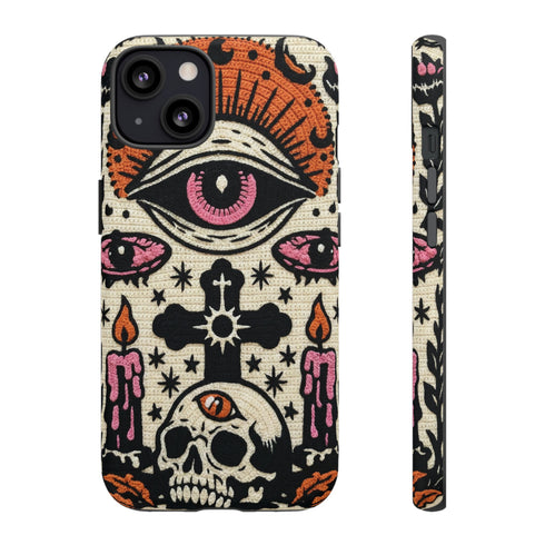 Gothic Faux Crochet Phone Case - Whimsigoth Evil Eye Skull Cover