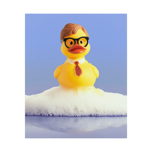 A humorous fine art print of a rubber duck modeled after Dwight Schrute, complete with glasses, mustard tie, and serious expression. Floating in soap suds, the print is framed above a retro bed with bold orange flower wallpaper and bright accent pillows.