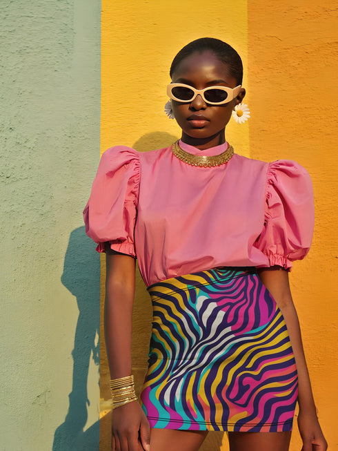A woman wearing a pink puffy top, sunglasses, and a colorful zebra print skirt stands against a yellow and green striped wall.