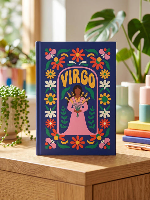 Royal blue hardcover journal featuring a retro folk art design. A center pink arch frames the word VIRGO in golden groovy rounded lettering. Below sits an illustrated maiden with brown skin and dark hair, wearing a pink dress and holding a bundle of golden wheat. A dense floral border wraps the cover with daisies and blooms in orange, marigold yellow, cream white, and pink, accented by green leaves and stems. Matte finish cover with a blue spine reading Virgo. Lined pages inside.