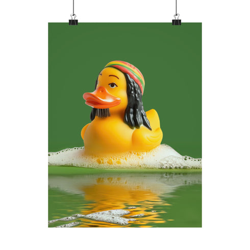 A fine art print of a rubber duck inspired by Marley, featuring black dreadlocks and a red-yellow-green beanie. The duck floats in bath bubbles with its reflection in green-tinted water. Displayed in a white and red frame on a soap-covered shelf in a bold red tile bathroom with a lightning-bolt soap dispenser.